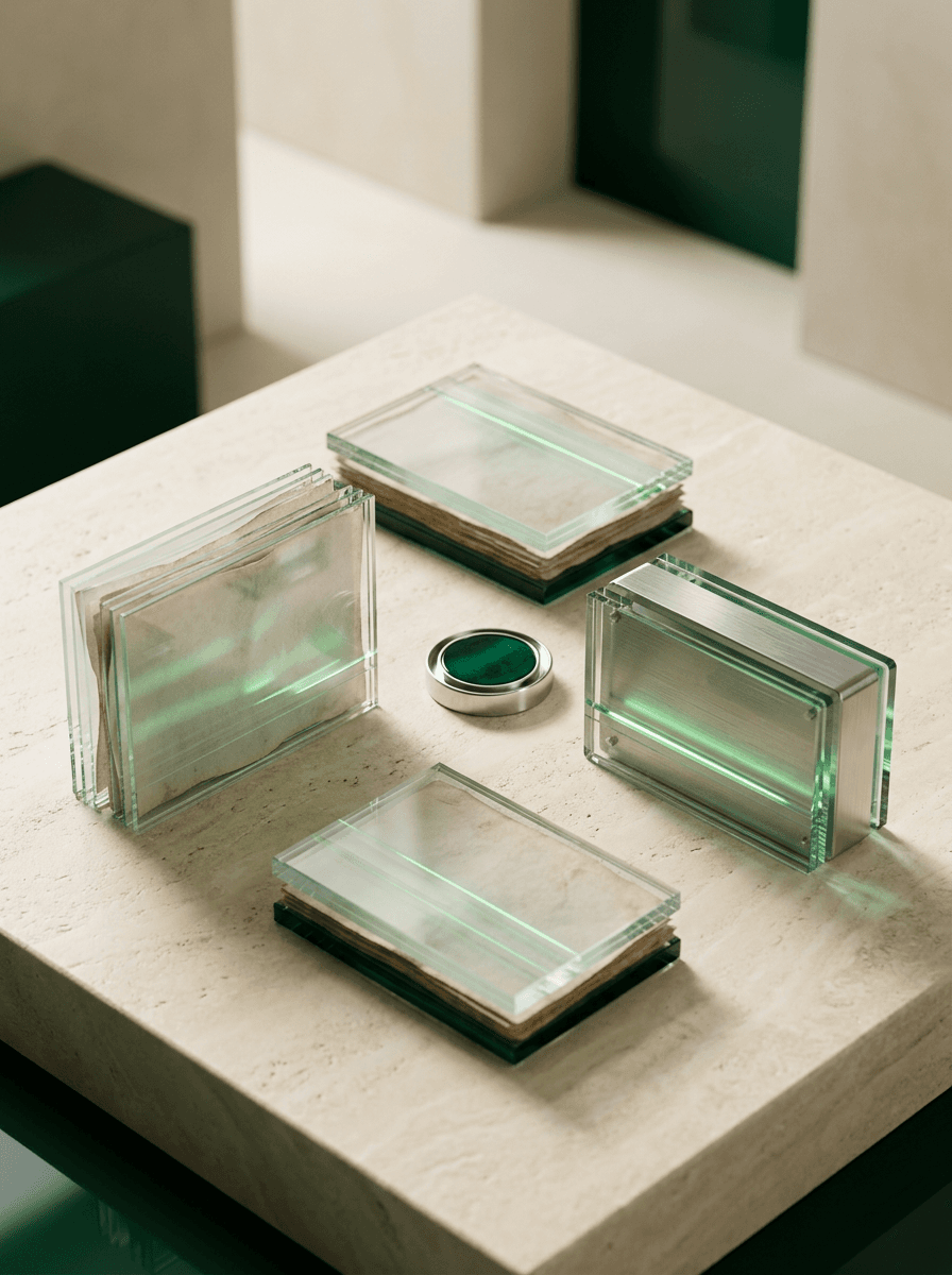 Financial records bound between sheets of glass, arranged on a travertine table